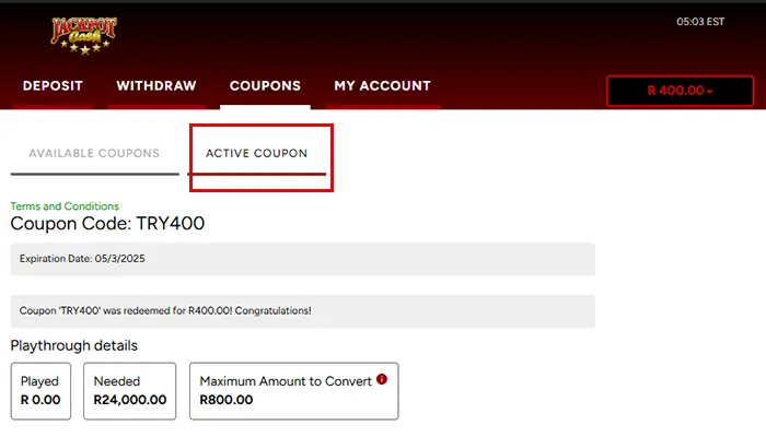 ジャックポットキャッシュ入金不要ボーナスActive