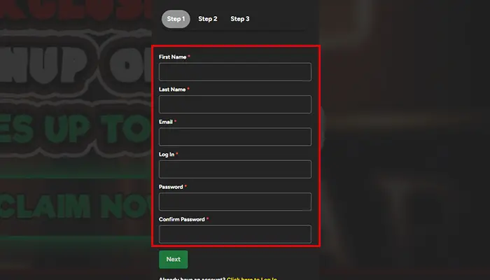 JackpotCashカジノ個人情報を入力
